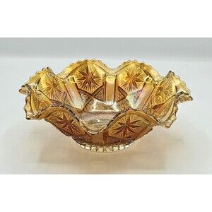 Imperial Star and File Marigold Carnival Glass Ruffled Sawtooth Bowl 7.5” Wide